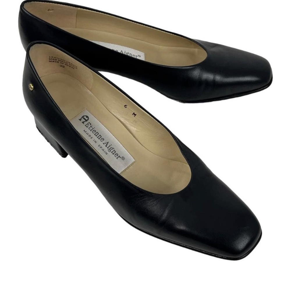 Etienne Aigner Black Square Toe Heels Women's Size 6 M Made in Spain